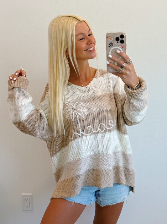 Sand Stripe Beach & Palm V Neck Knit Sweater