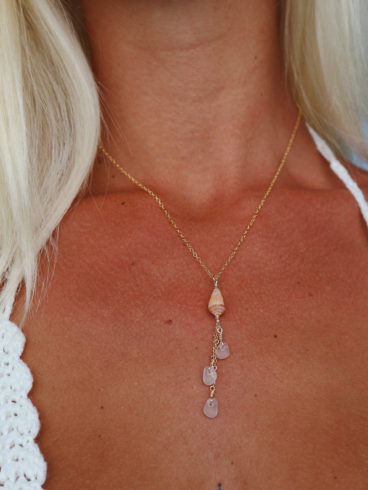 Gold Filled Orange Cone Shell & Clear Sea Glass Triple Drop Necklace
