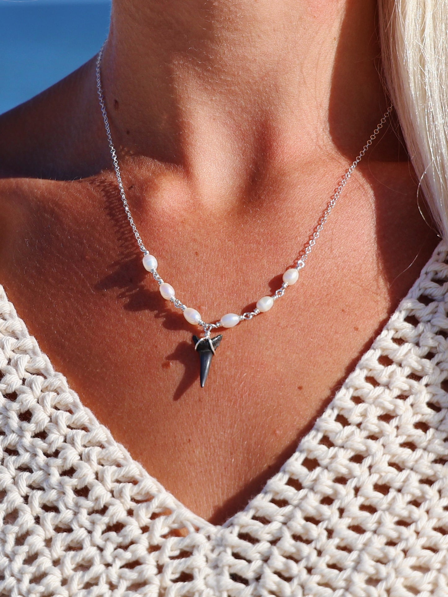 Sterling Silver Baroque Pearl Shark Tooth Necklace