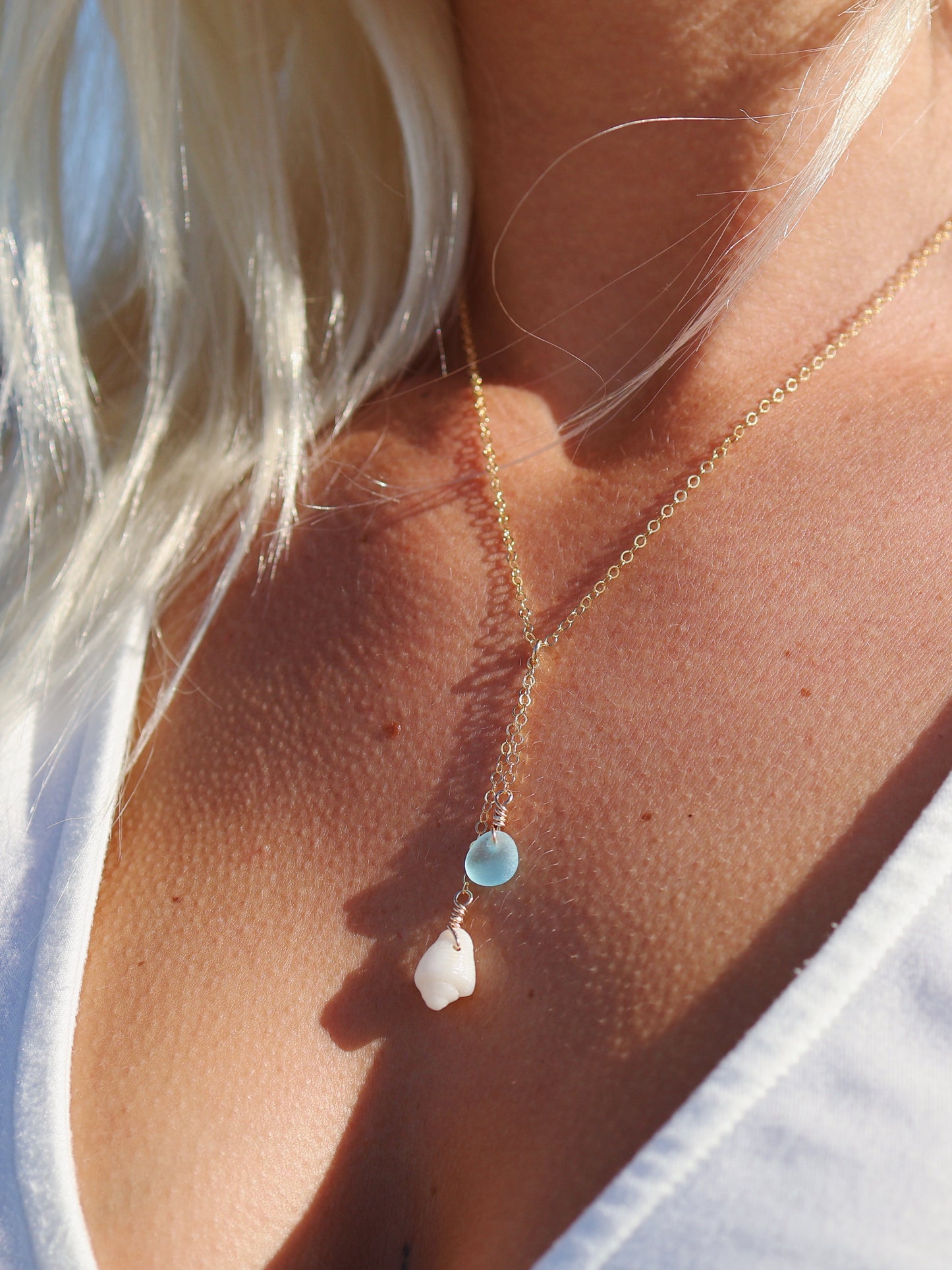 Gold Filled White Shell & Light Blue Sea Glass Drop Necklace