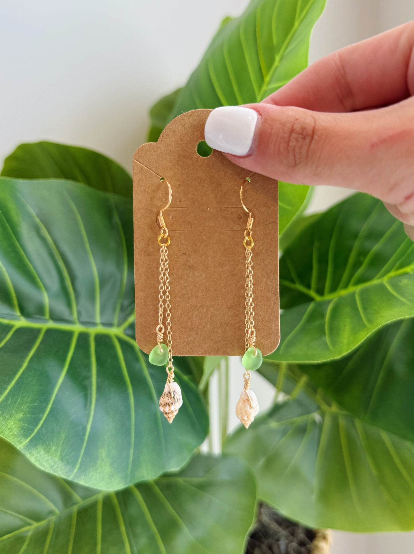 Gold Shell & Bright Green Sea Glass Drop Earrings