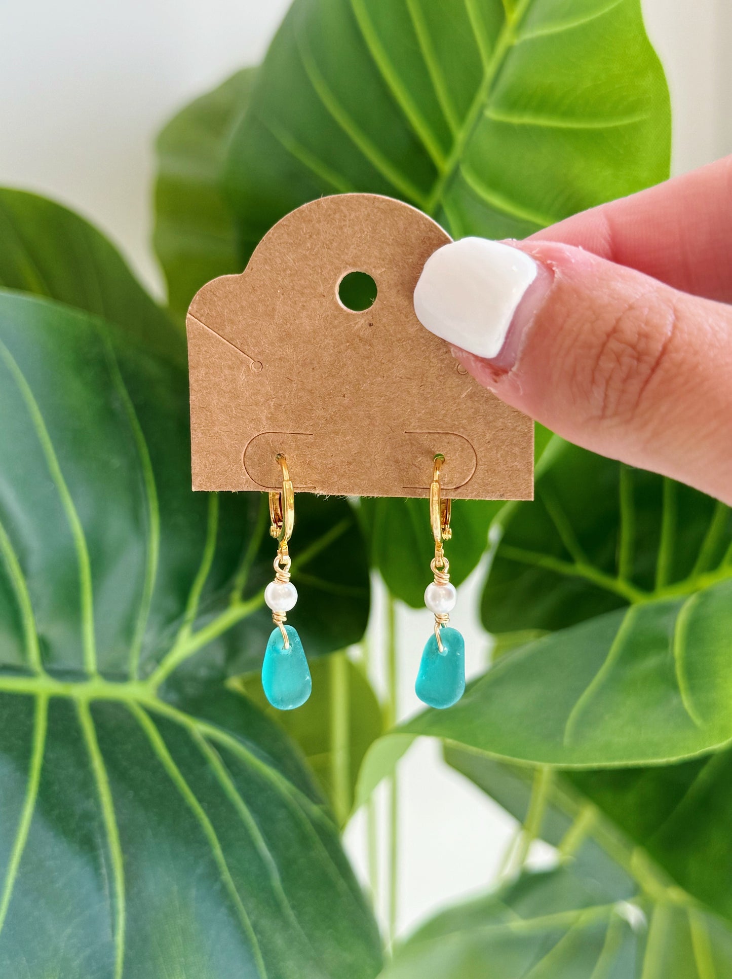 Gold Teal Sea Glass Pearl Hoop Earrings