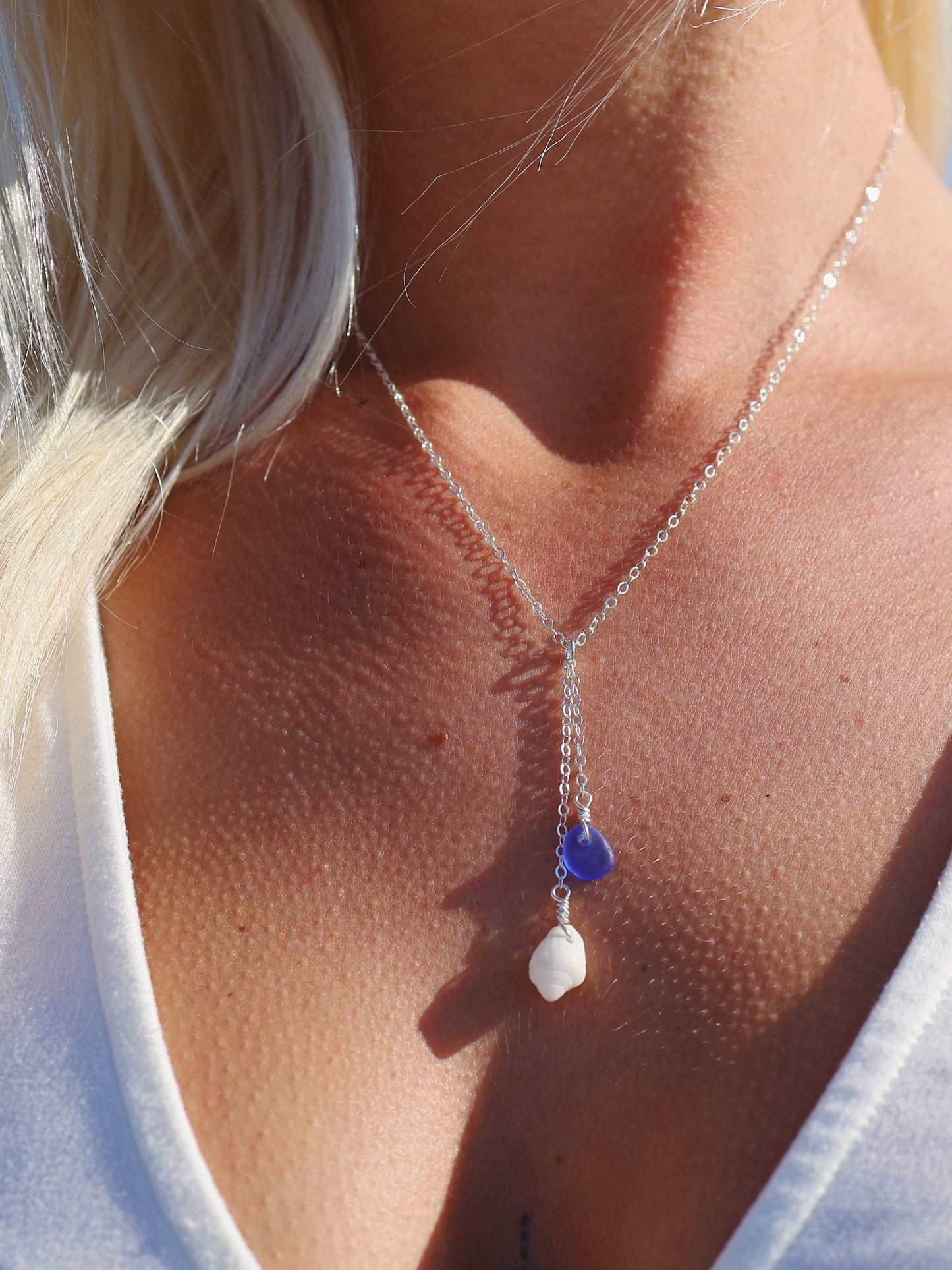 Sterling Silver White Shell & Royal Blue Sea Glass Drop Necklace