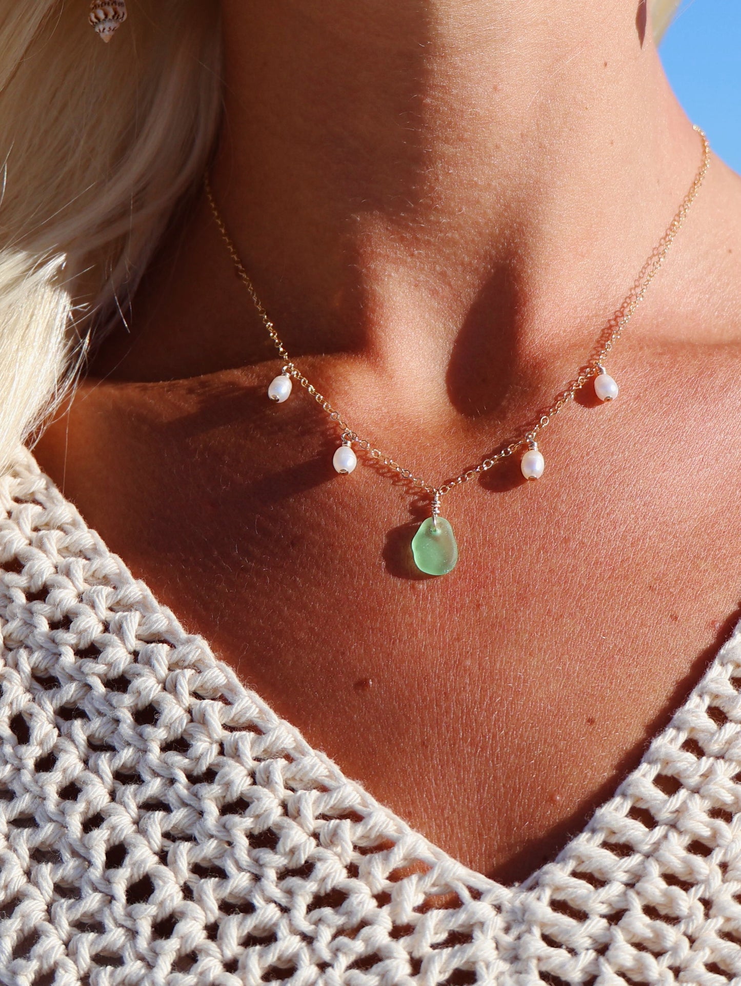 Gold Filled Green Sea Glass & Baroque Pearl Multi Necklace