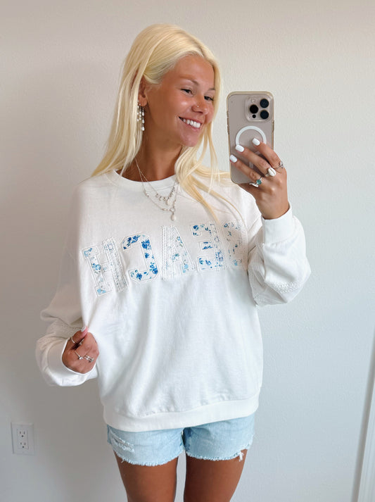 White Floral Beach Lettering Lace Crewneck