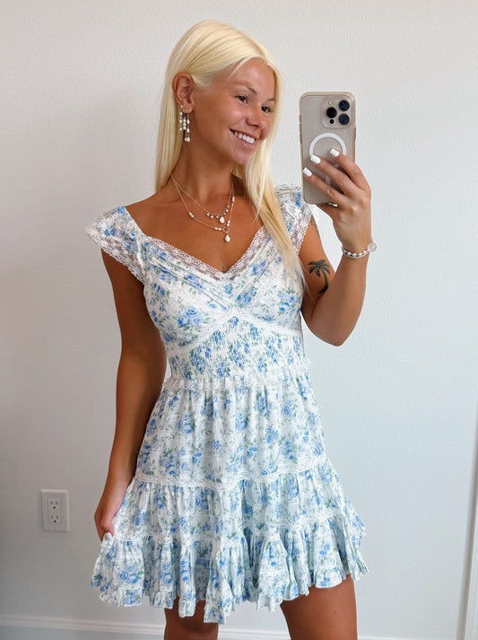 Floral Lace Ruffle Shoulder Mini Dress
