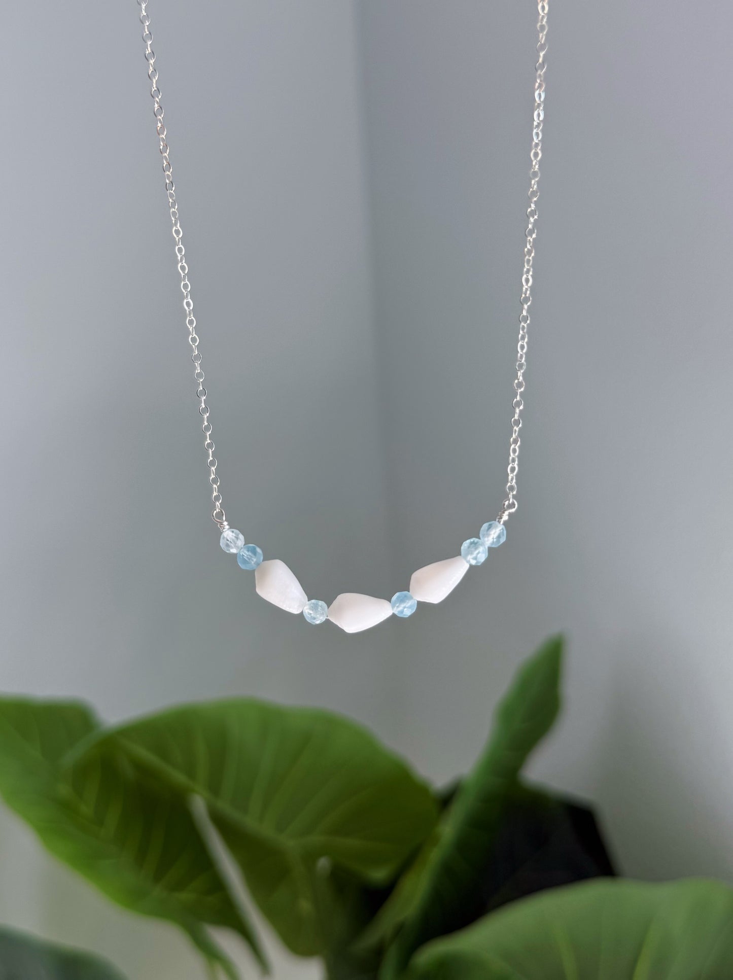 Sterling Silver Triple Cone Shell Aquamarine Gemstone Necklace
