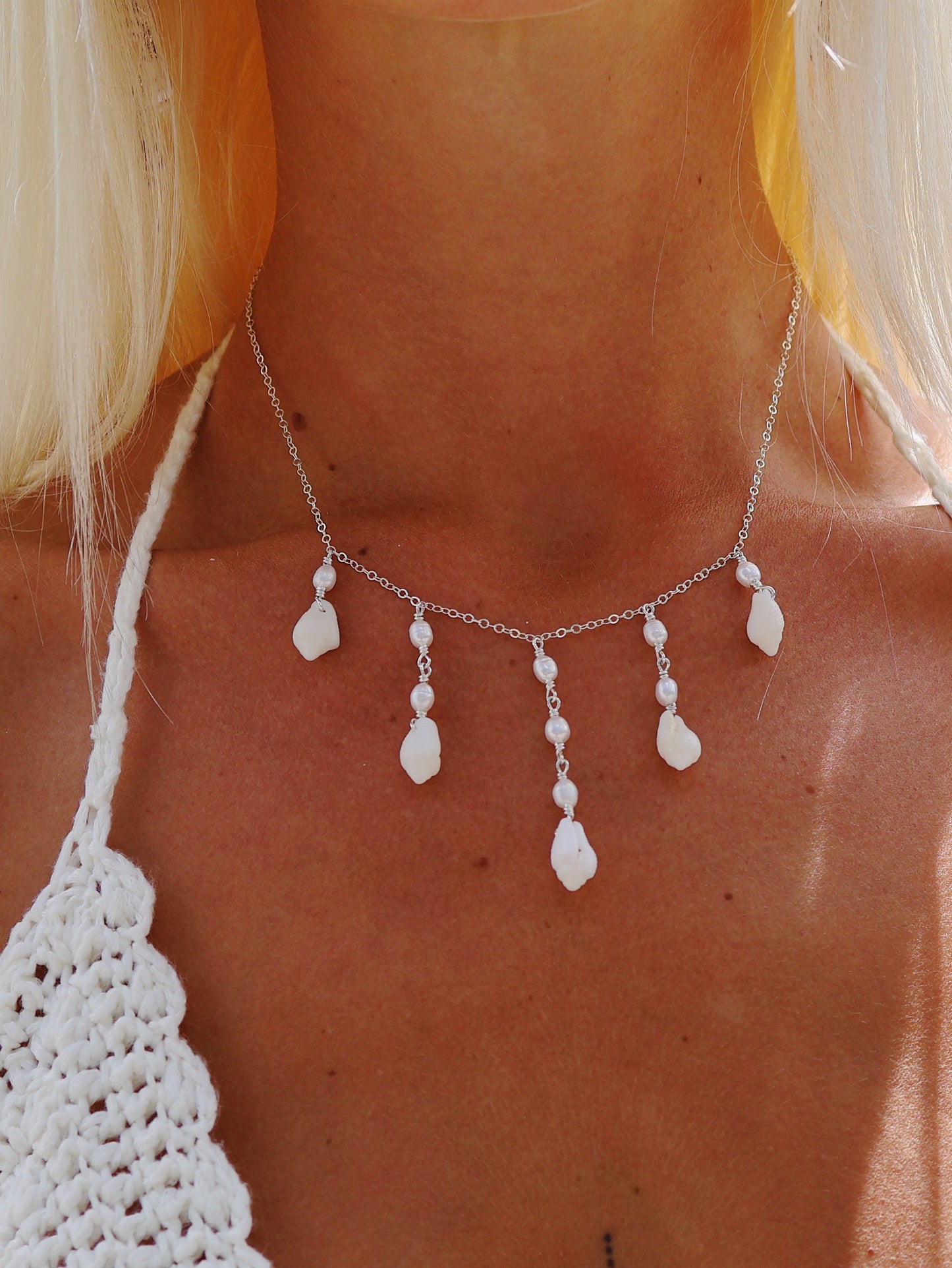 Sterling Silver White Spiral Shell Dangle Drop Multi Necklace