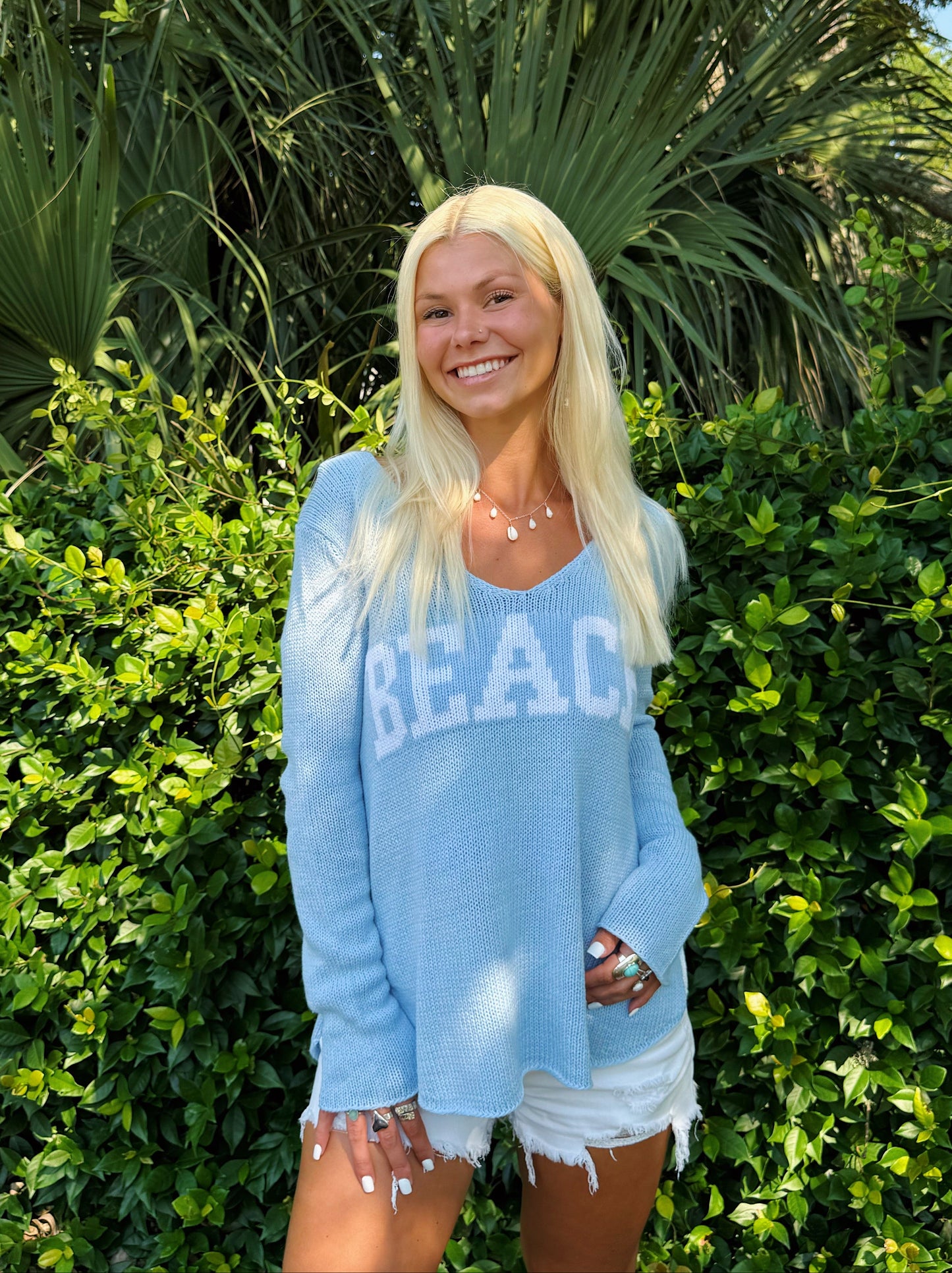 Baby Blue Beach Lightweight V Neck Sweater