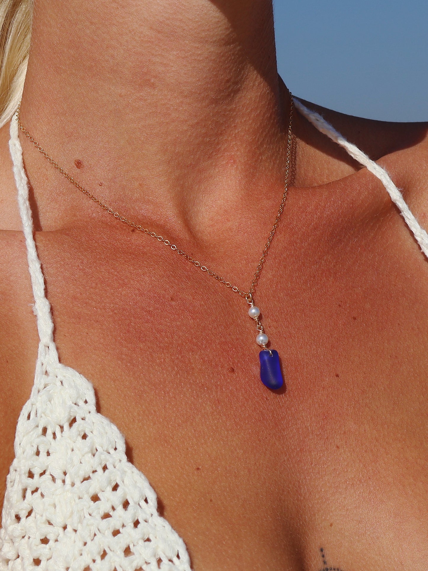 Gold Filled Royal Blue Sea Glass & Freshwater Pearl Necklace