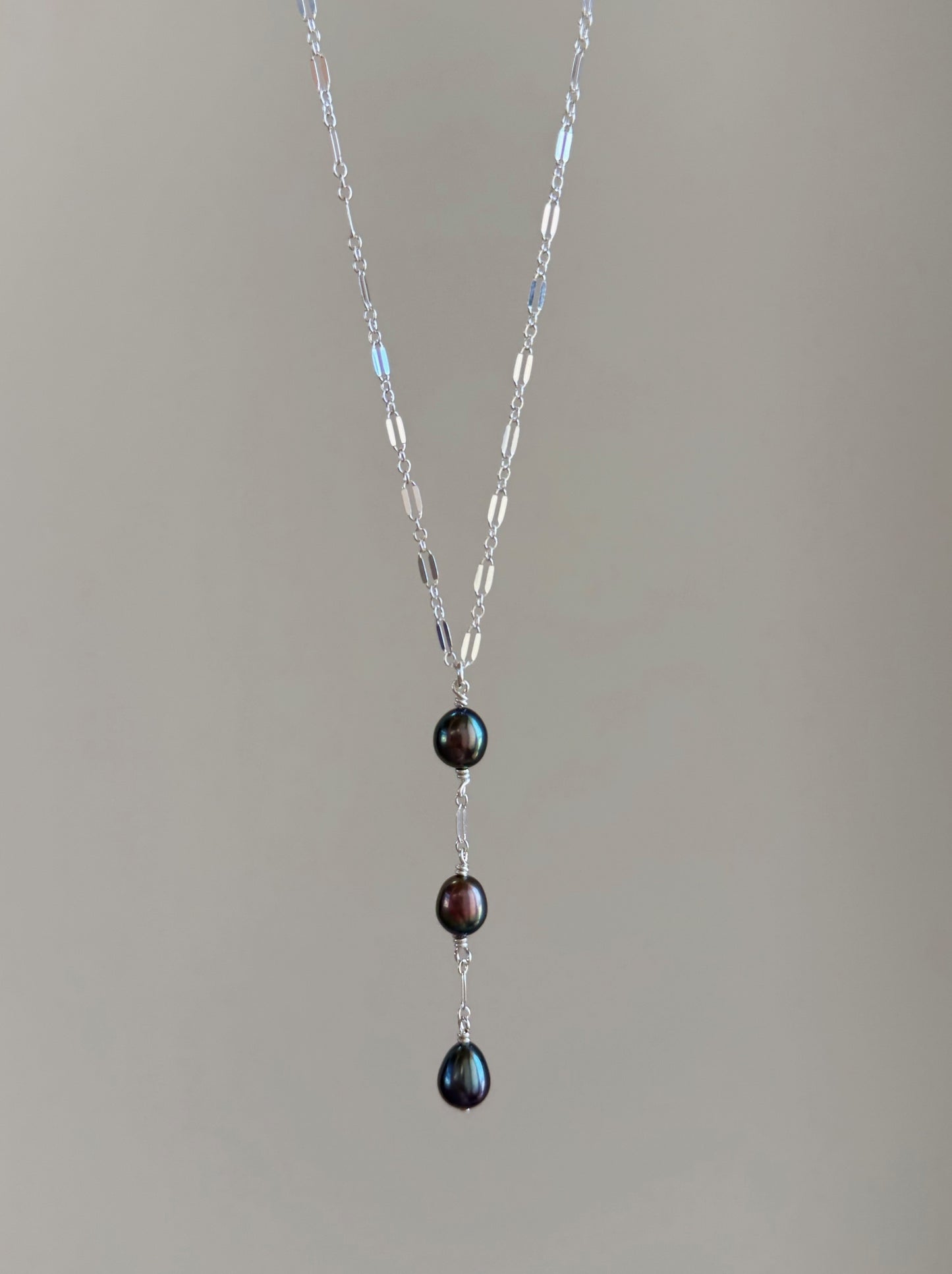 Sterling Silver Sparkle Chain Tahitian Peacock Pearl Triple Drop Necklace