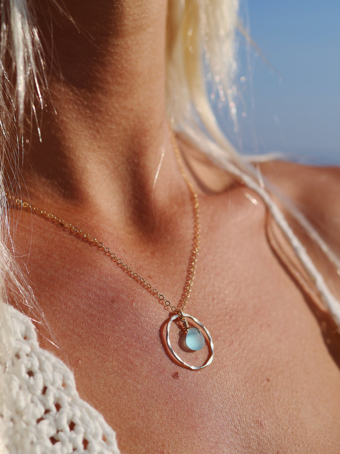 Gold Filled Baby Blue Sea Glass Shiny Hammered Circle Necklace