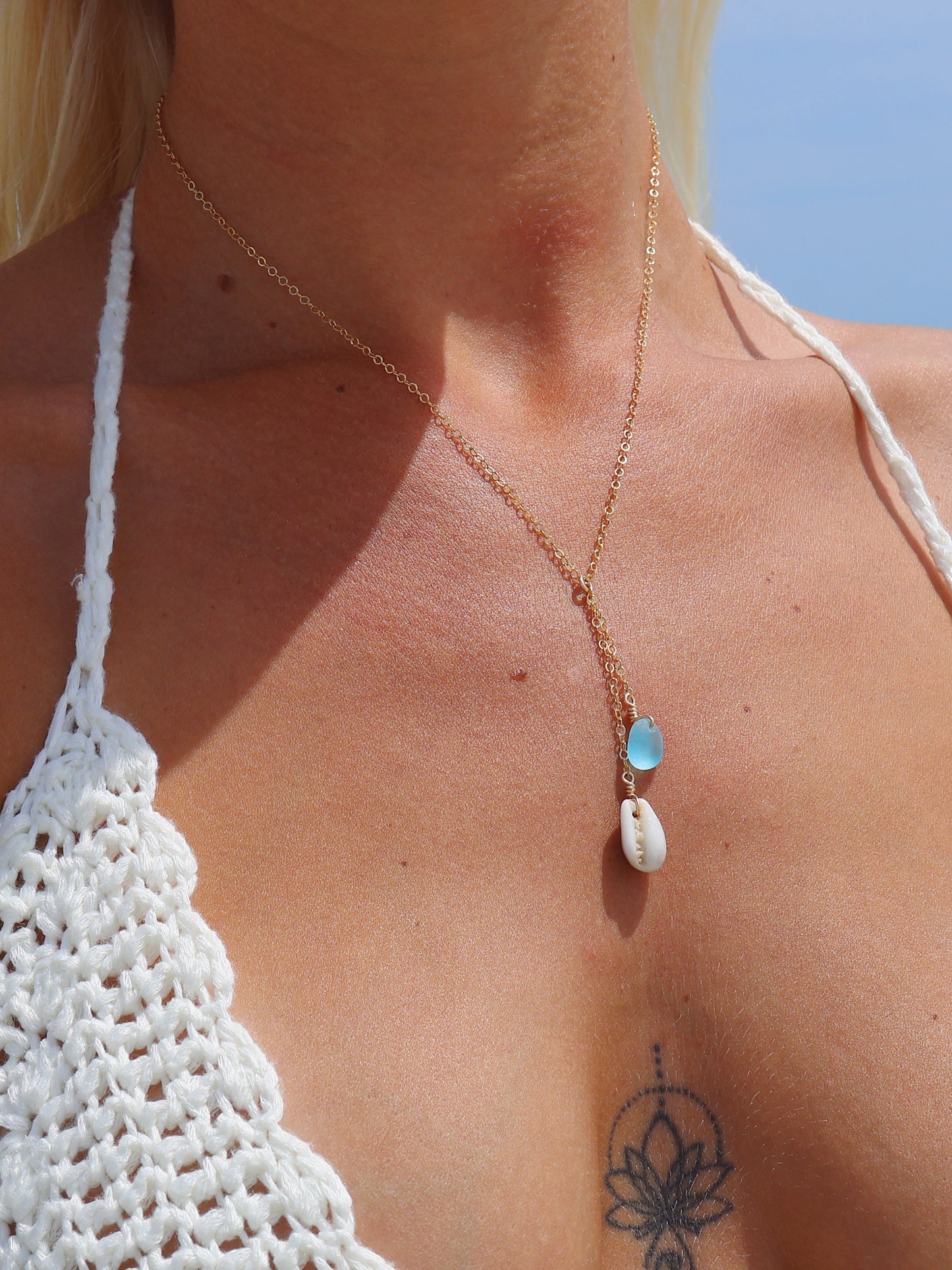 Gold Filled Sea Glass & Cowrie Shell Drop Necklace