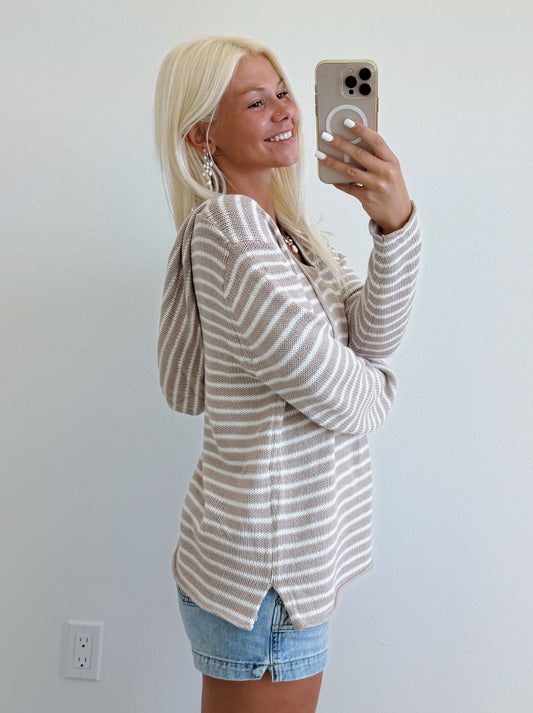 Beige & Ivory Striped Lightweight V Neck Hoodie Sweater