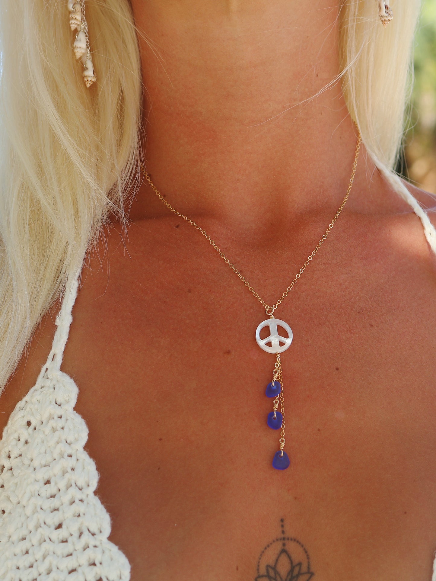 Gold Filled Mother of Pearl Peace Sign Royal Blue Sea Glass Drop Necklace