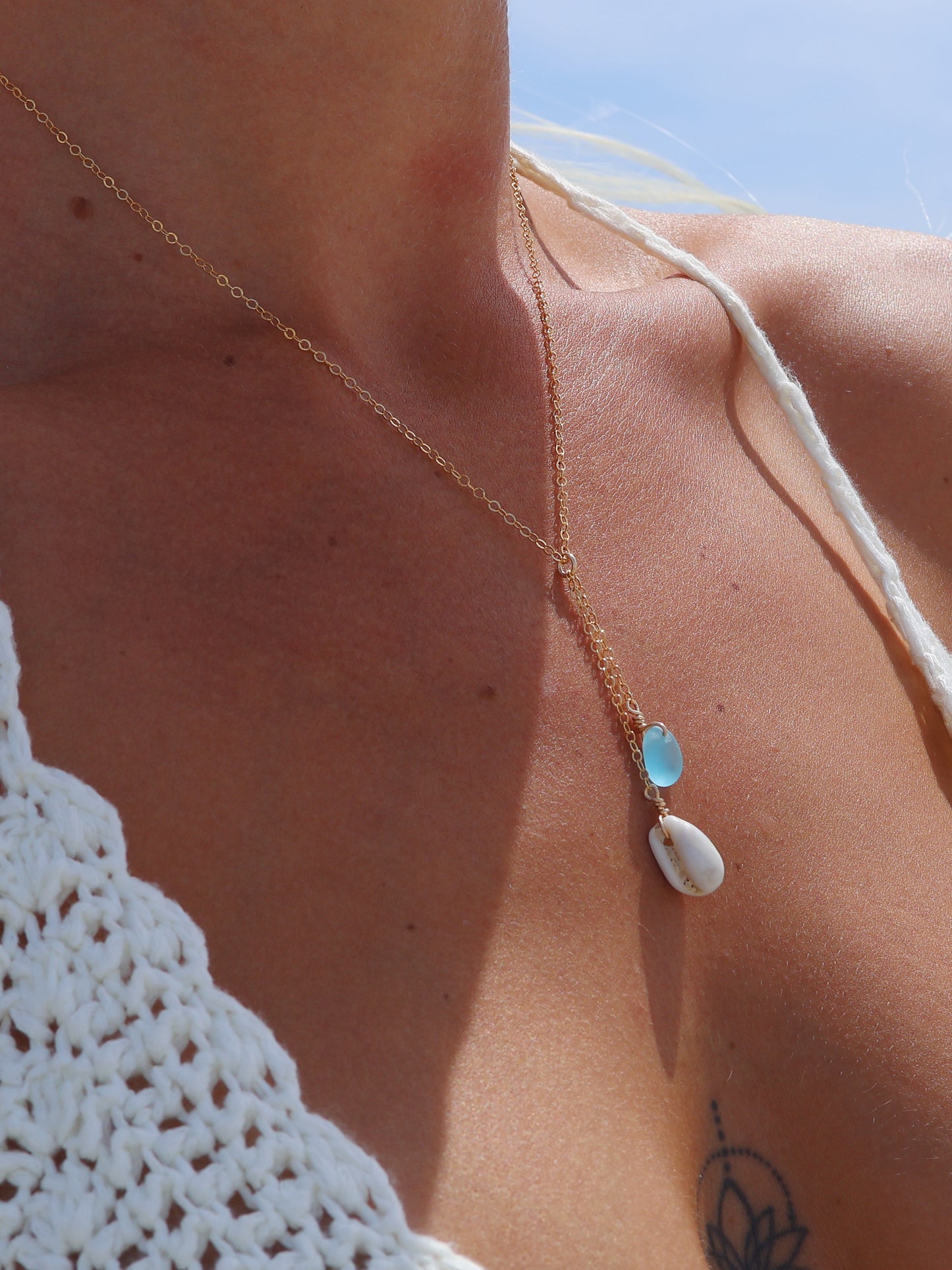 Gold Filled Baby Blue Sea Glass & Cowrie Shell Drop Necklace