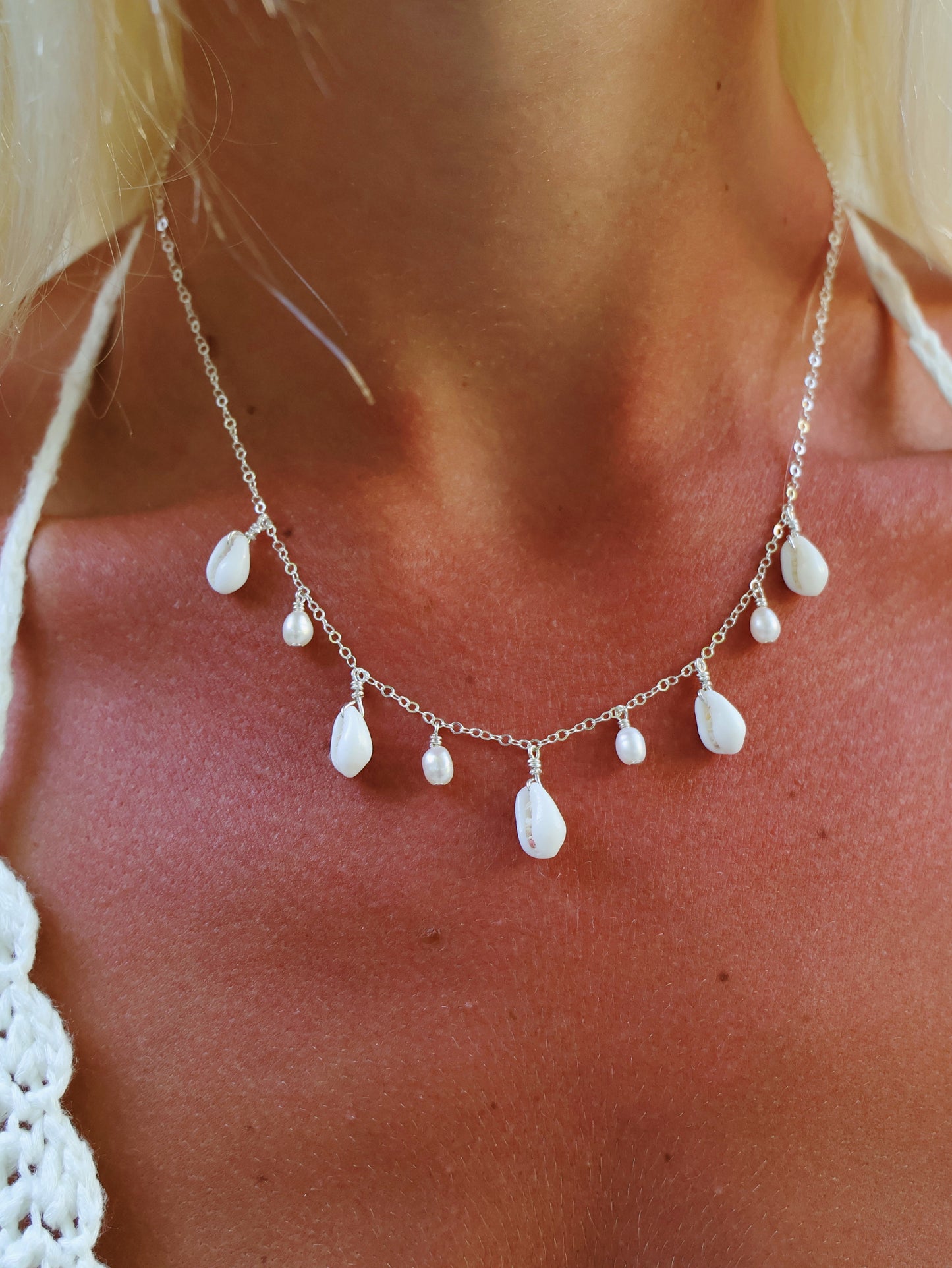 Sterling Silver Full Cowrie Shell Baroque Pearl Multi Necklace