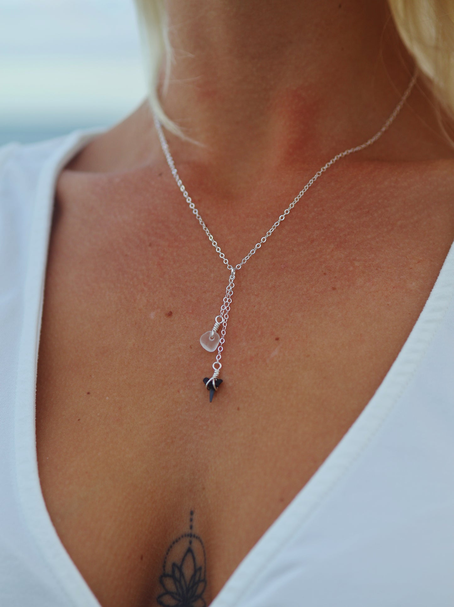 Sterling Silver Shark Tooth & Clear Sea Glass Drop Necklace