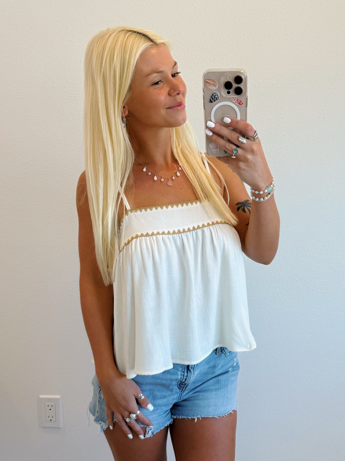 White Flowy Tank w/ Tan Trim Embroidery