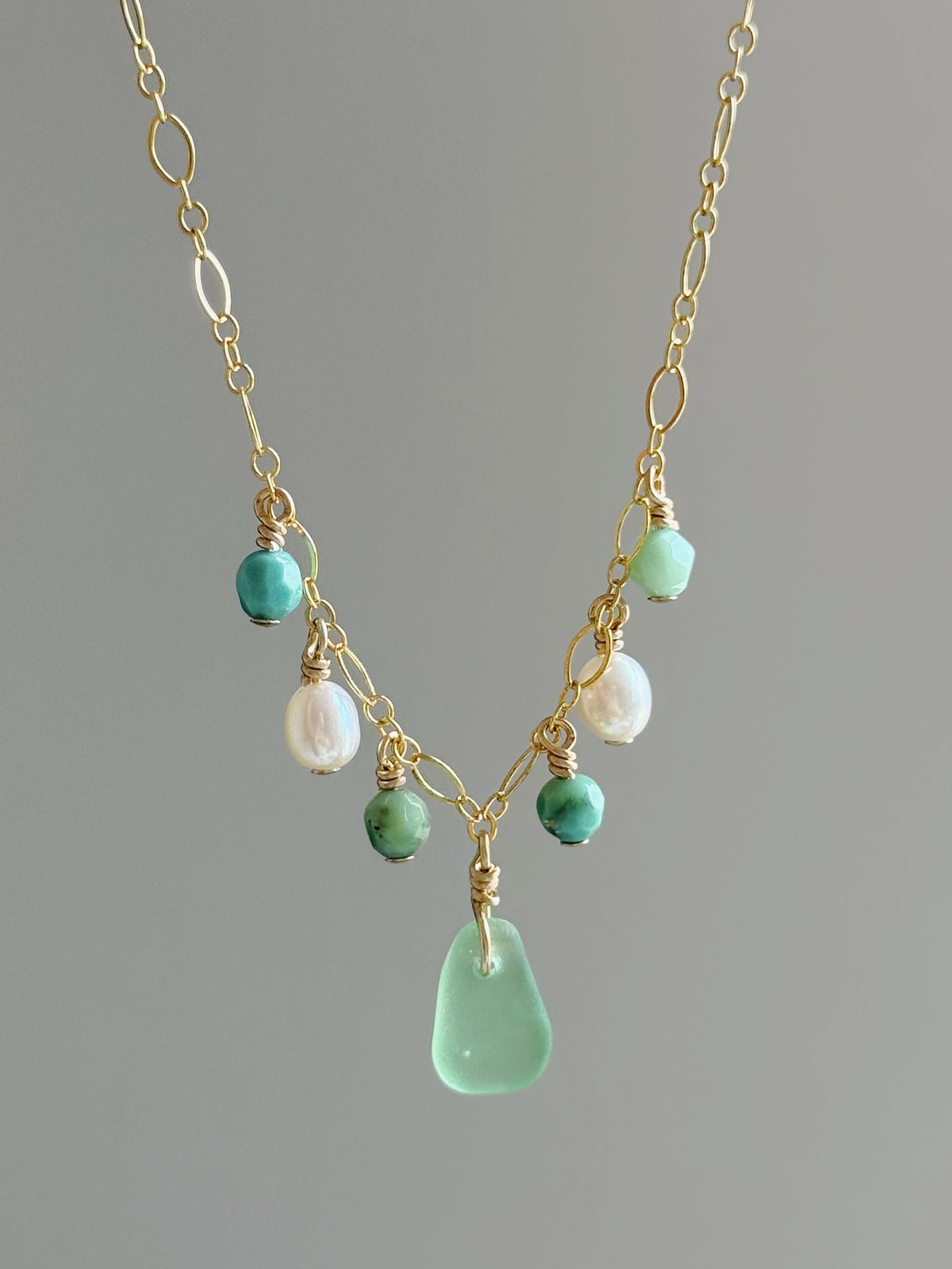 Gold Filled Fancy Light Green Sea Glass Gemstone Necklace