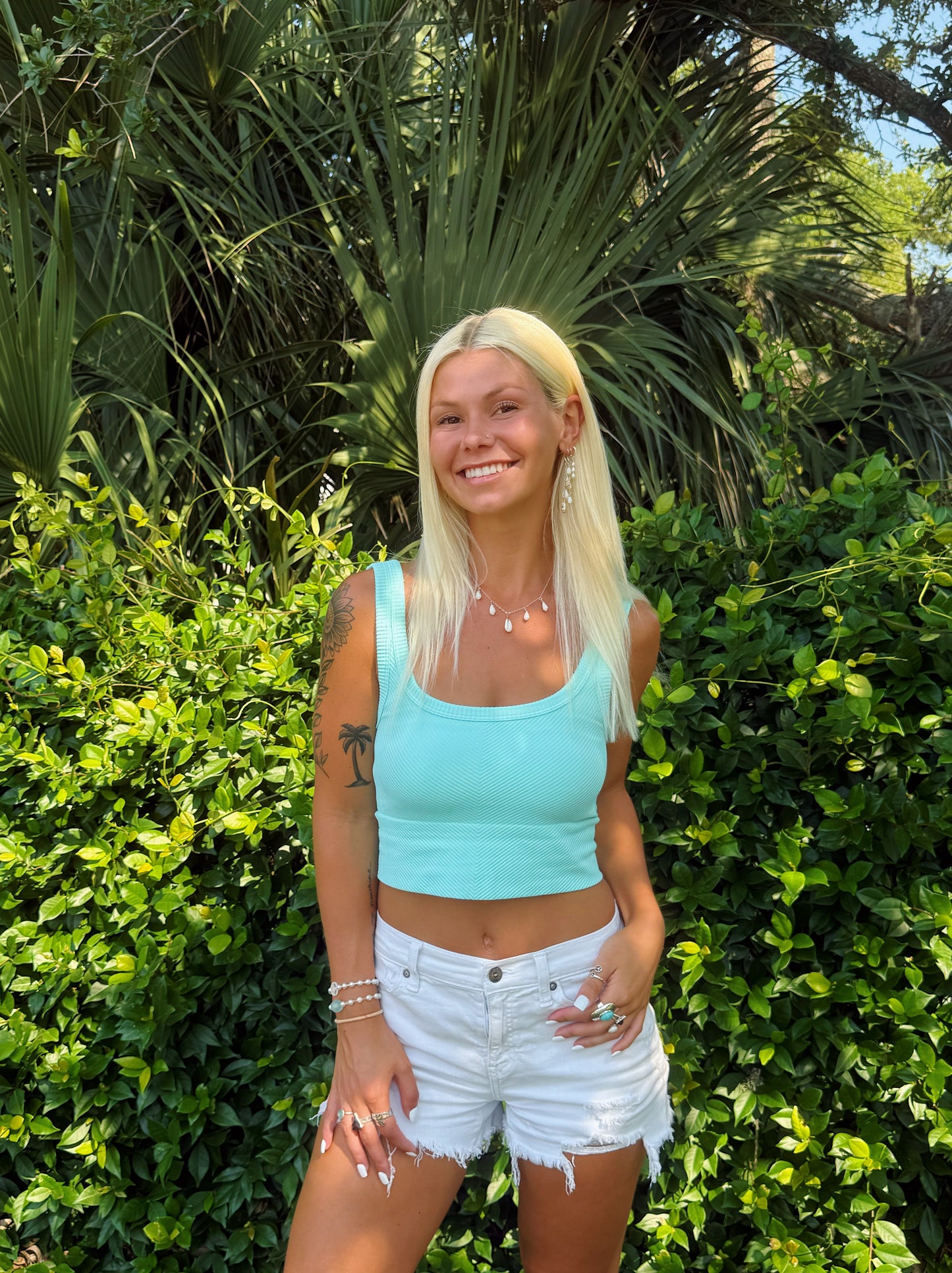 Aqua Chevron Ribbed Crop Top