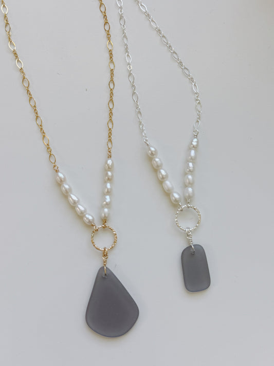 Gold Filled RARE Gray Sea Glass Fancy Baroque Pearl Necklace