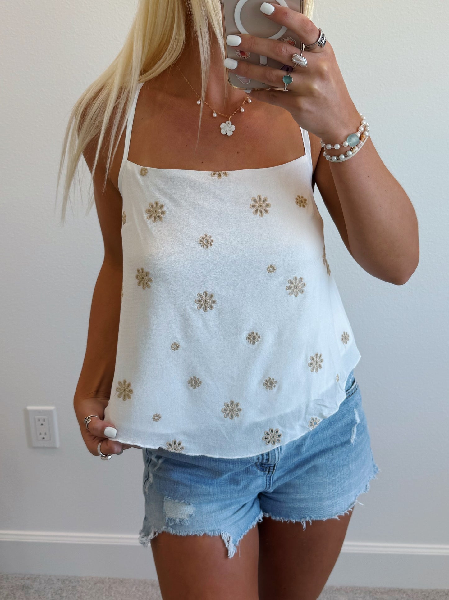 White Square Neck w/ Tan Flowers Tie Back Tank