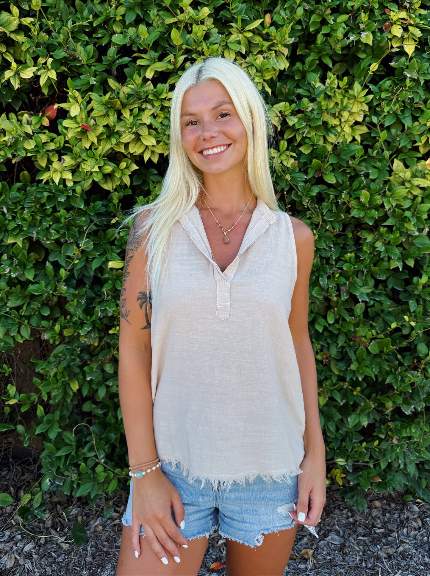 Beige V Neck Fringe Tank Top