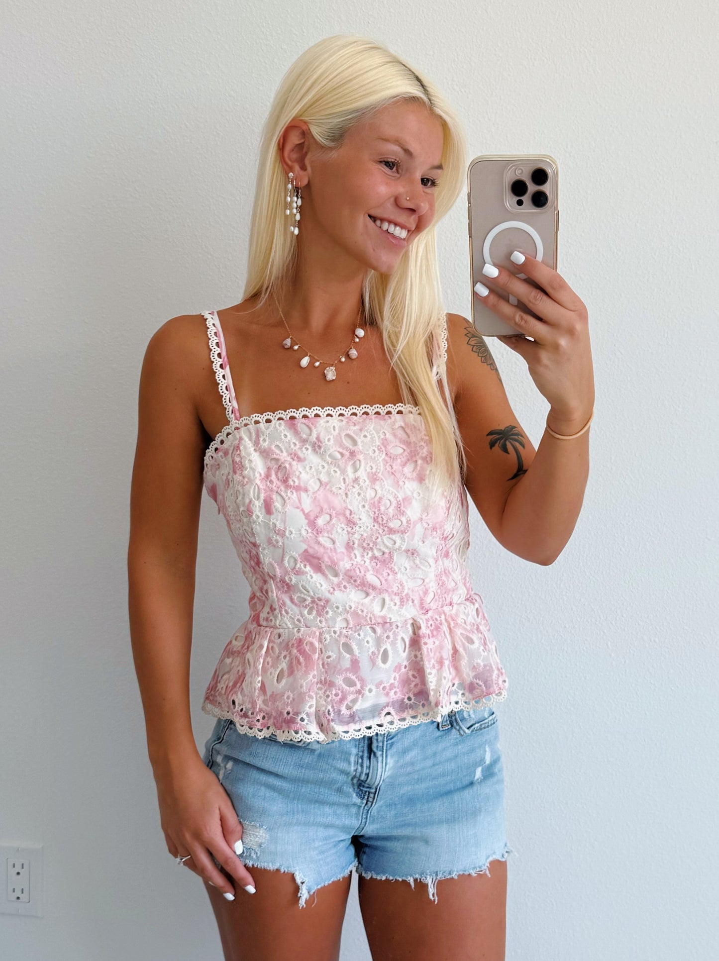 Pink & White Floral Eyelet Ruffle Peplum Tank Top