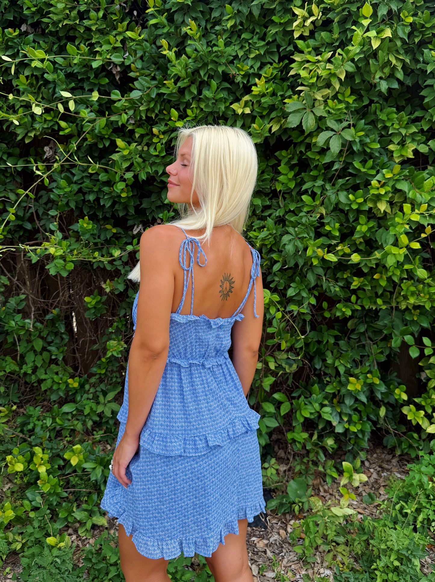Blue Clover Print Tie Strap Ruffle Dress