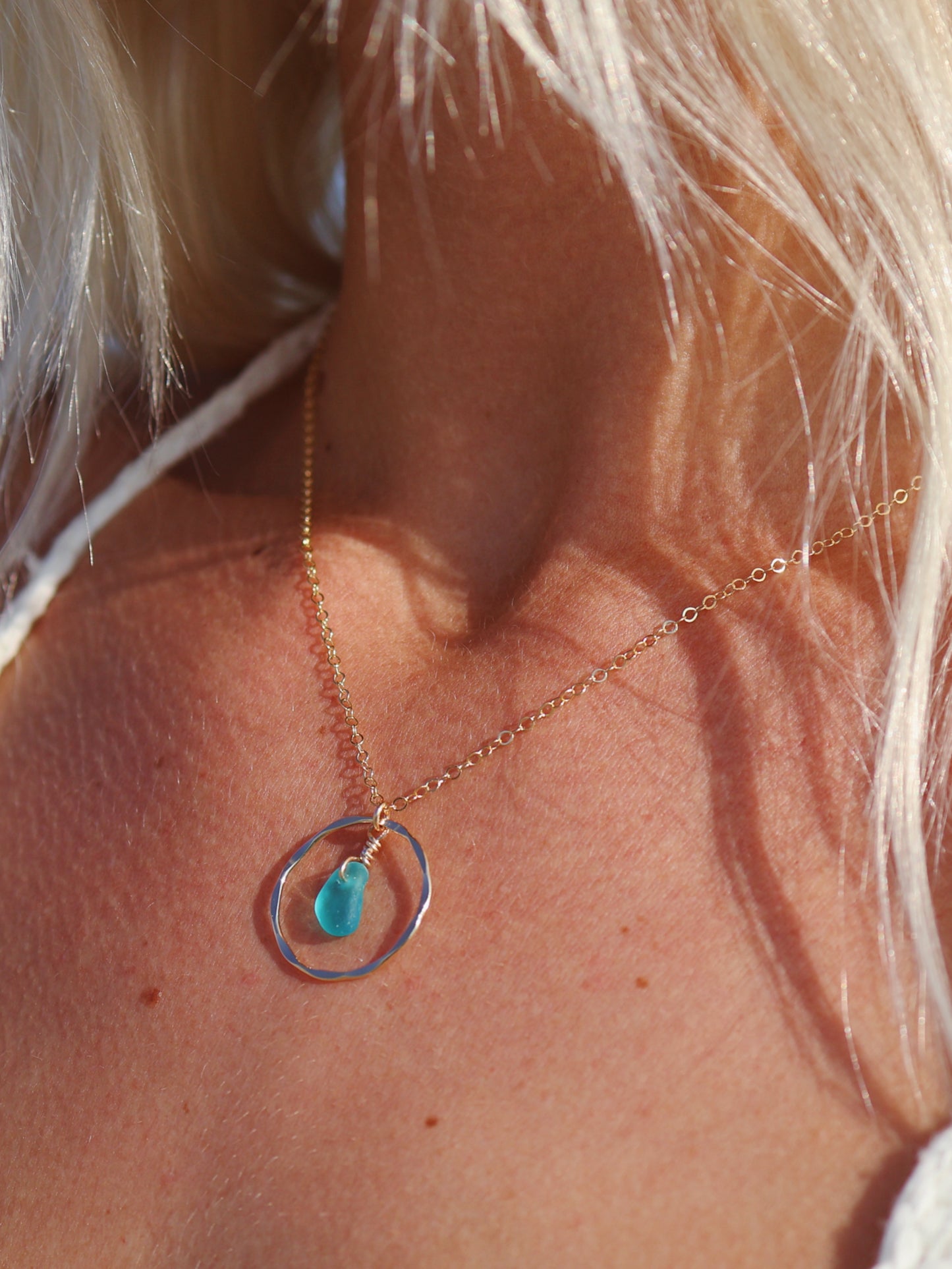 Gold Filled Teal Sea Glass Shiny Hammered Circle Necklace