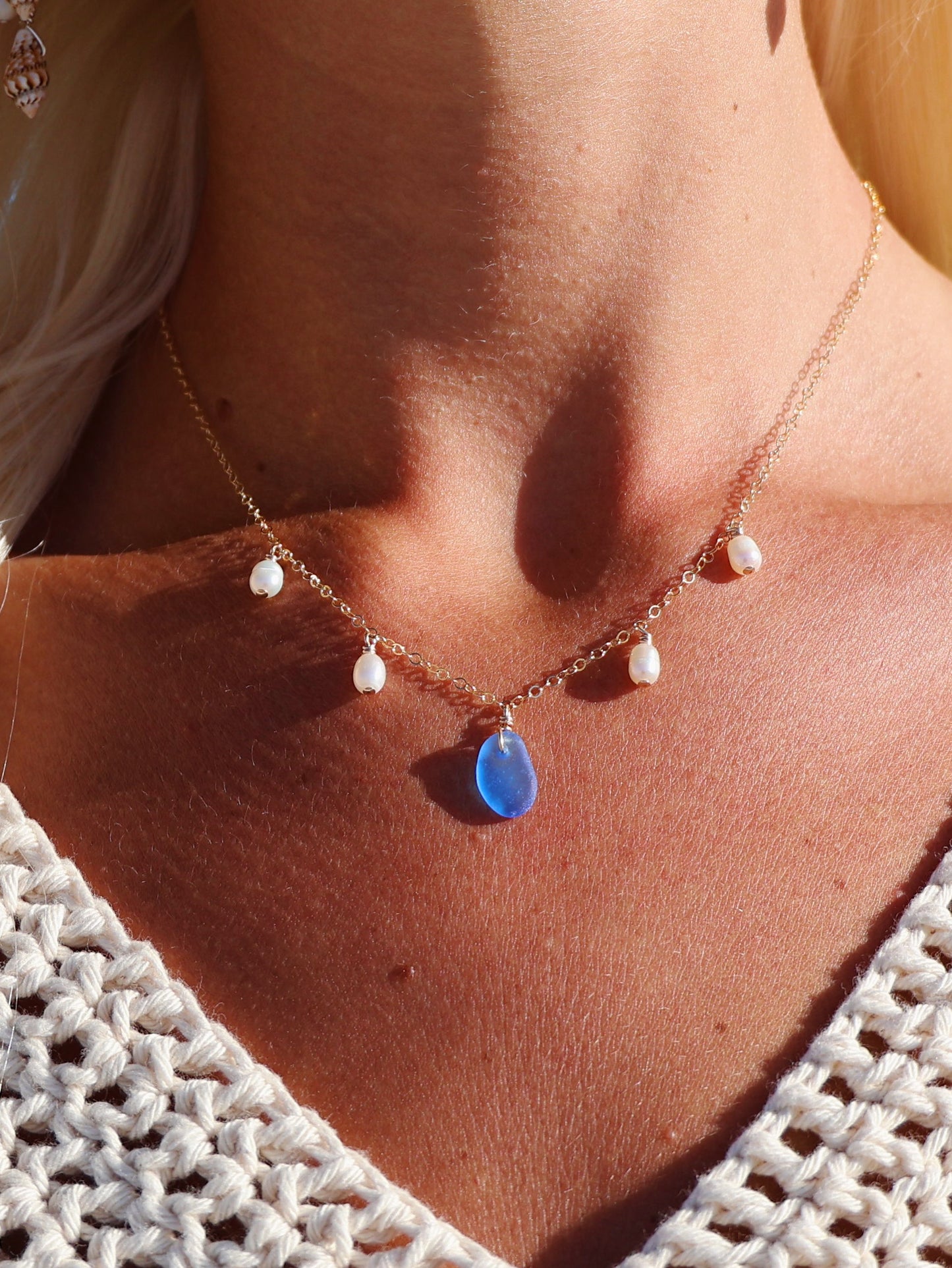 Gold Filled Vibrant Periwinkle Sea Glass & Baroque Pearl Multi Necklace