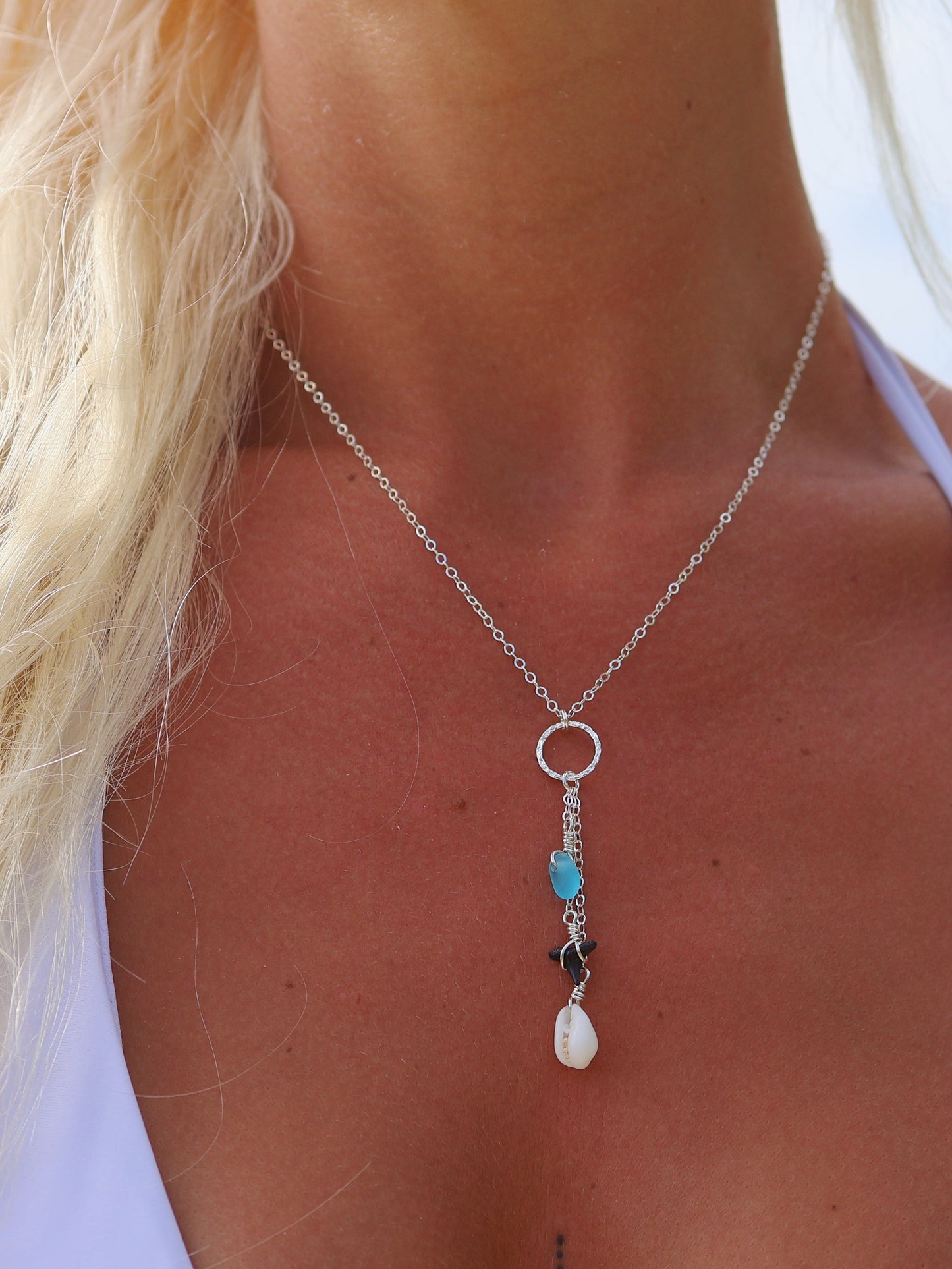Sterling Silver Shark Sea Glass Cowrie Triple Drop Necklace