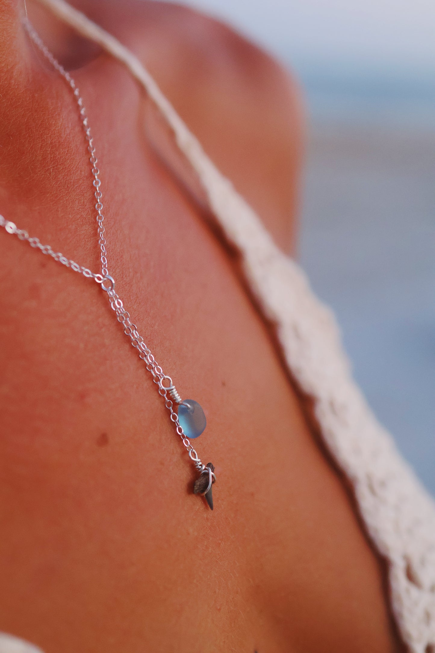 Sterling Silver Shark Tooth & Baby Blue Sea Glass Drop Necklace