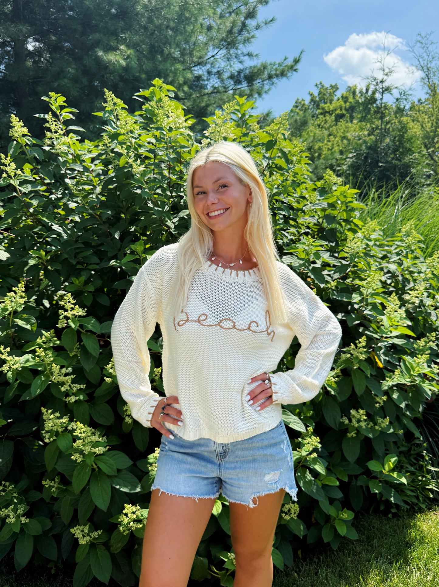 Cream Beach w/ Tan Embroidered Trim Sweater