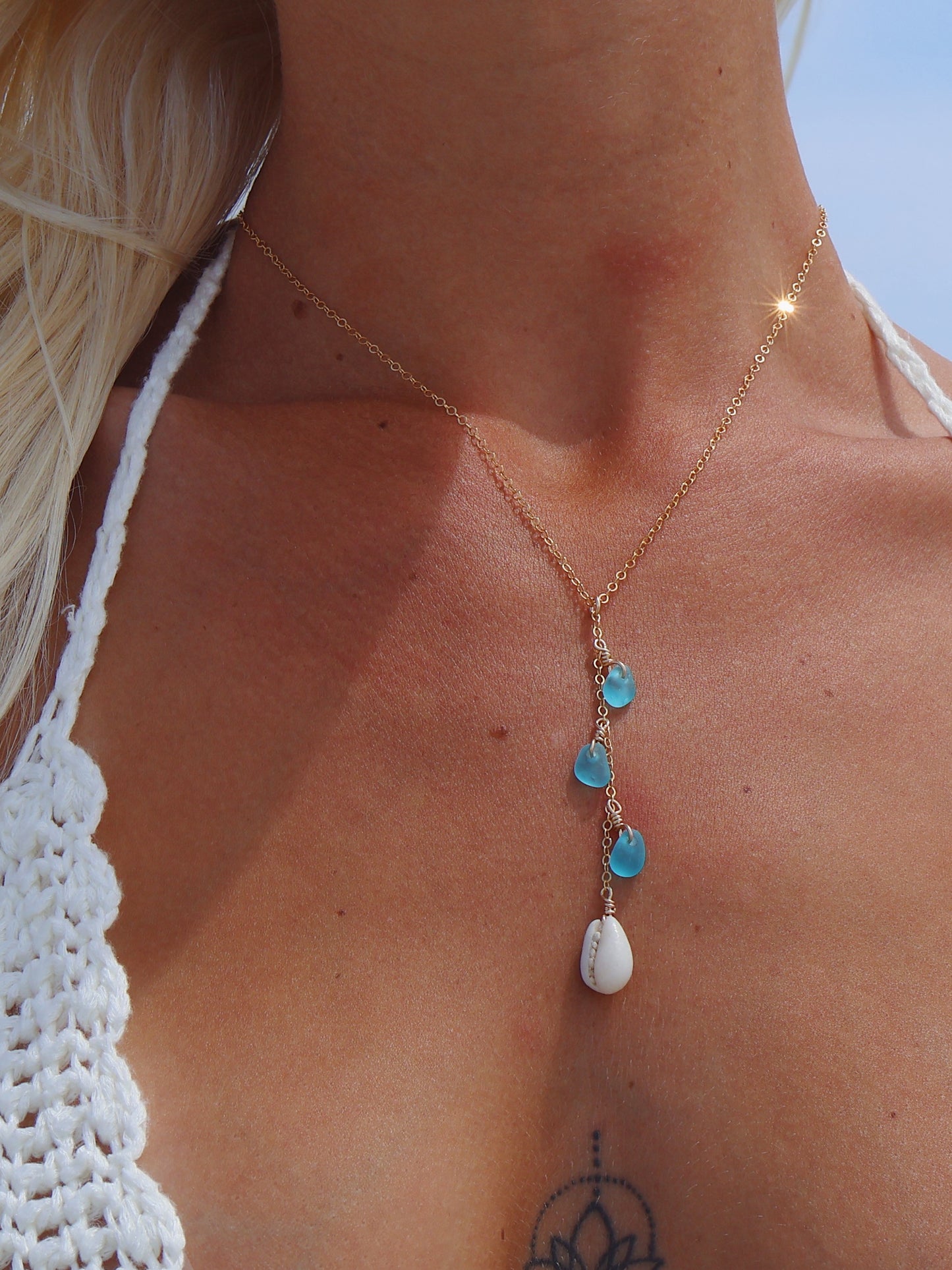 Gold Filled Turquoise Sea Glass & Cowrie Shell Drop Necklace