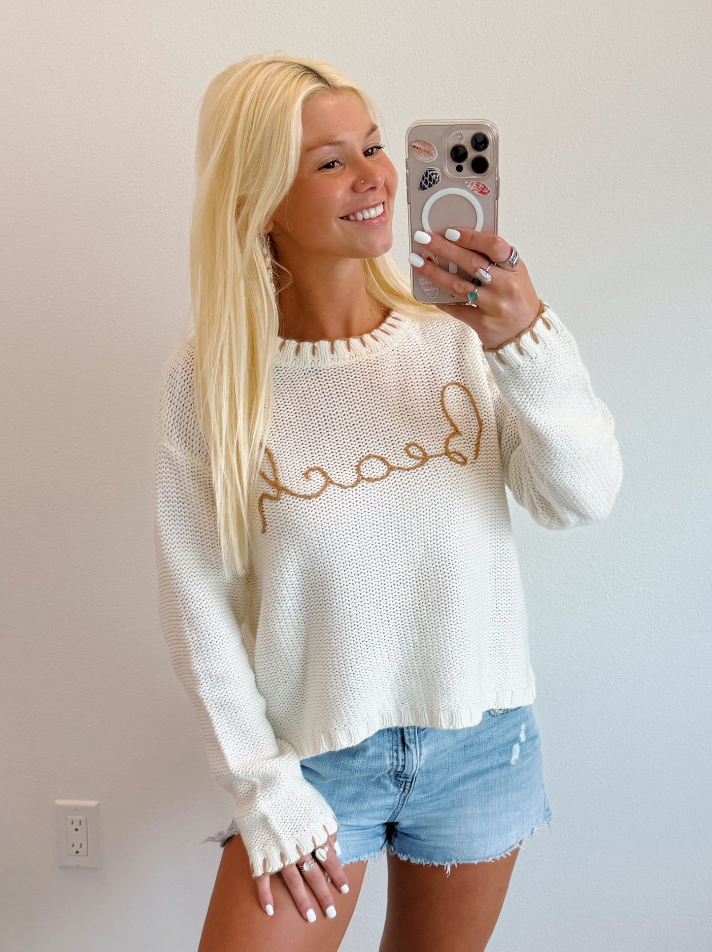 Cream Beach w/ Tan Embroidered Trim Sweater