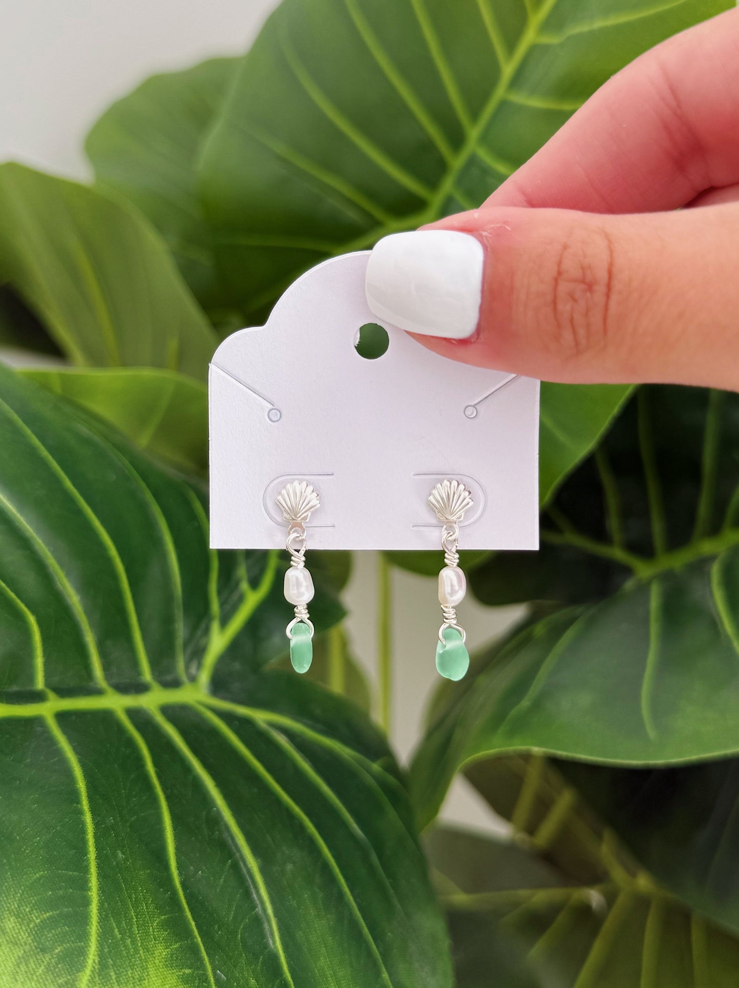 Sterling Silver Green Sea Glass Shell Studs