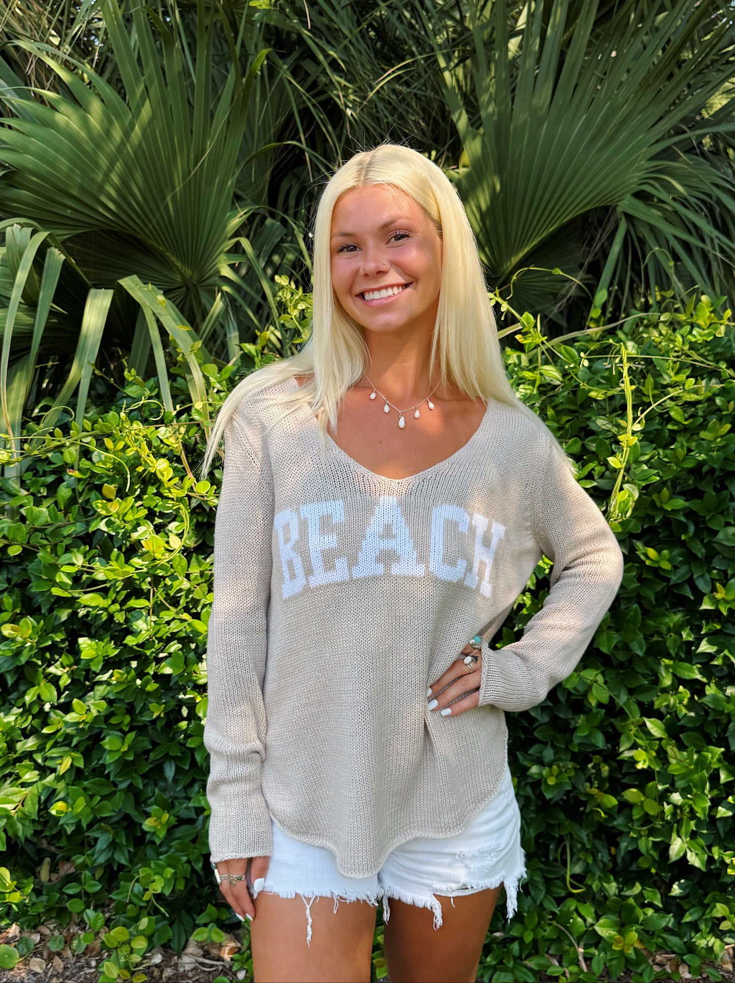 Neutral Beach Lightweight V Neck Sweater