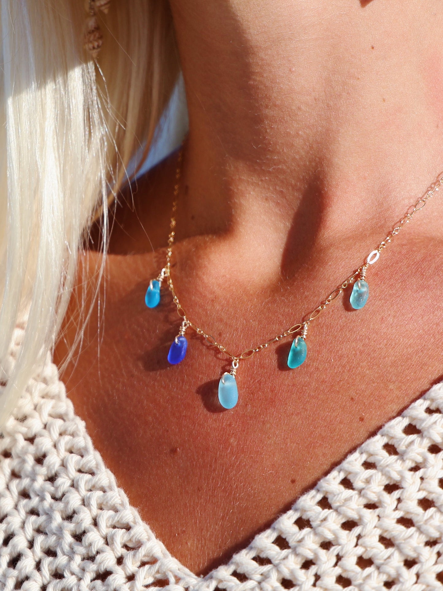 Gold Filled Mix Blue Sea Glass Multi Necklace