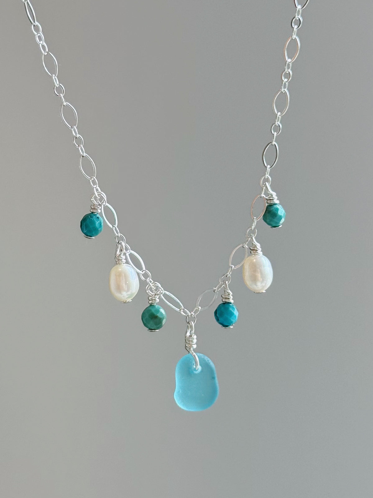 Sterling Silver Fancy Turquoise Sea Glass Gemstone Necklace
