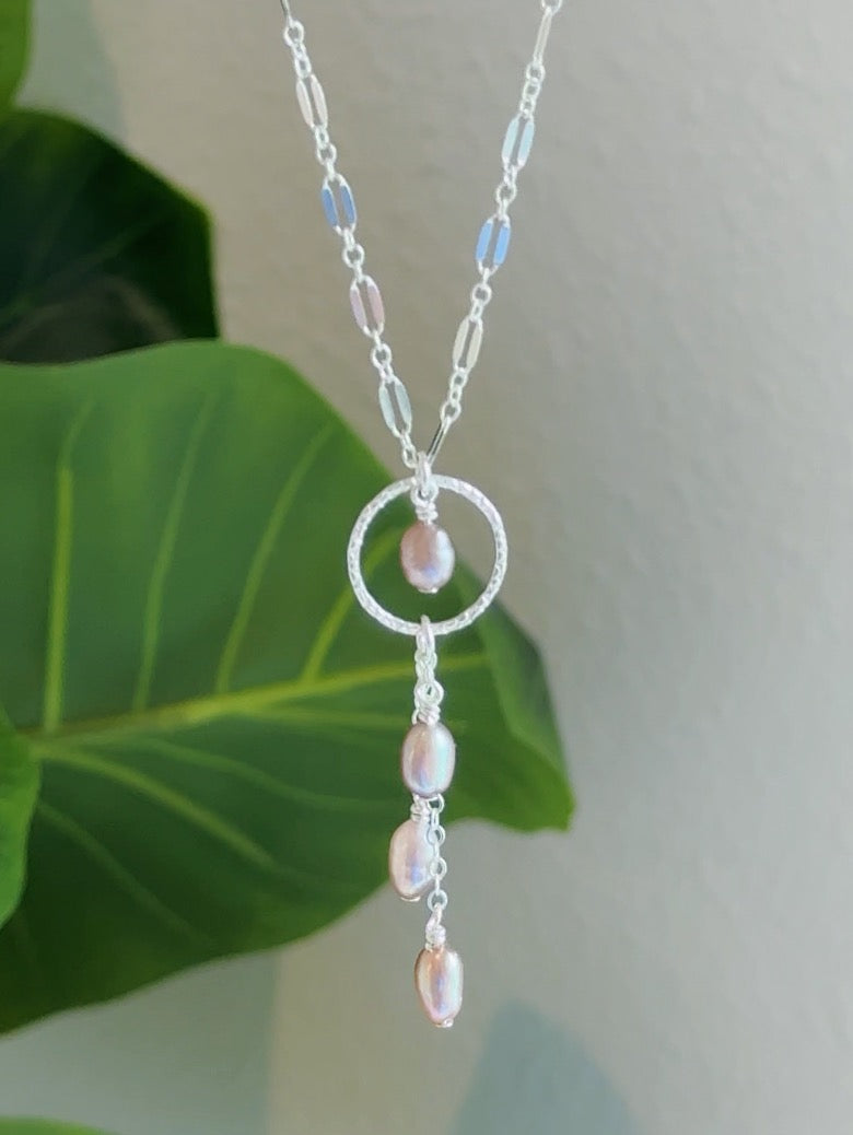 Sterling Silver Hammered Circle Mermaid Pearl Triple Drop Necklace
