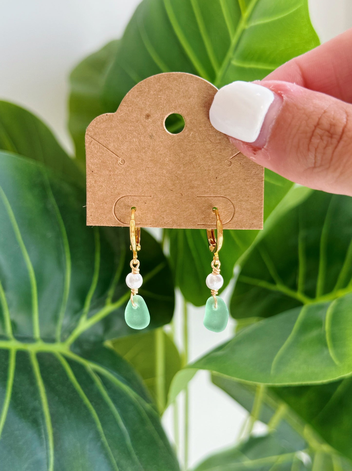 Gold Green Sea Glass Pearl Hoop Earrings