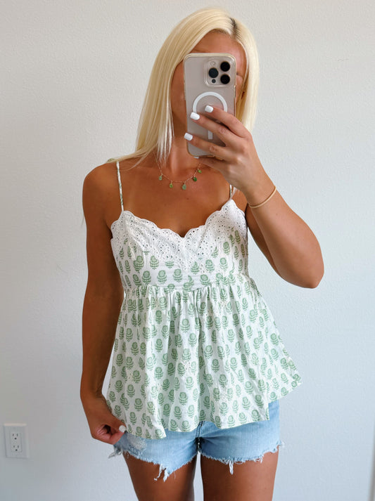 Ivory & Sage Eyelet Babydoll Tank Top