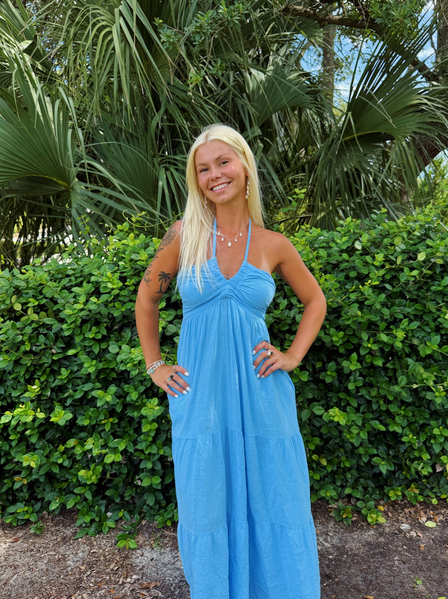 Aqua Flowy Tie Back Maxi Dress