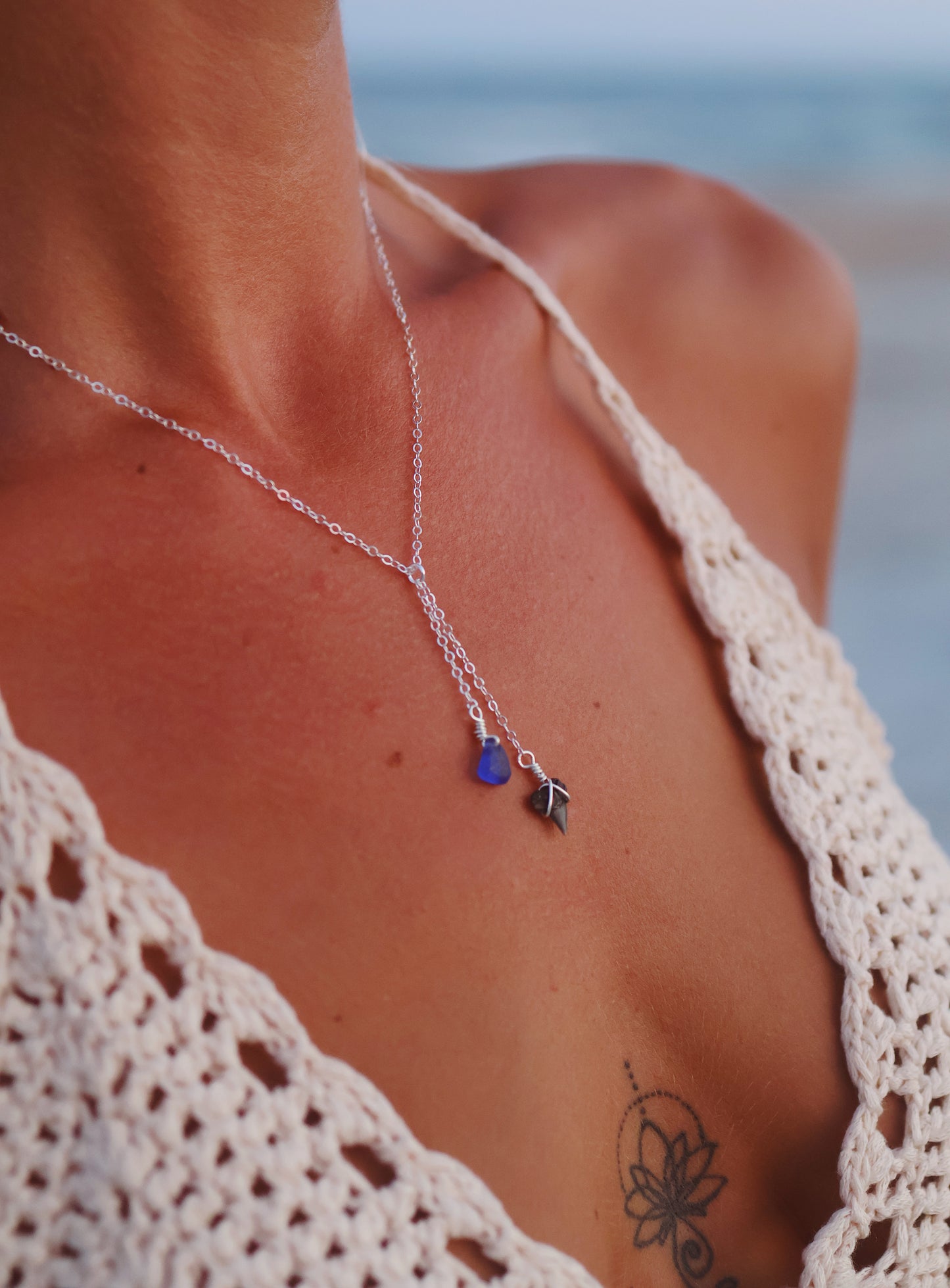 Sterling Silver Shark Tooth & Royal Blue Sea Glass Drop Necklace on