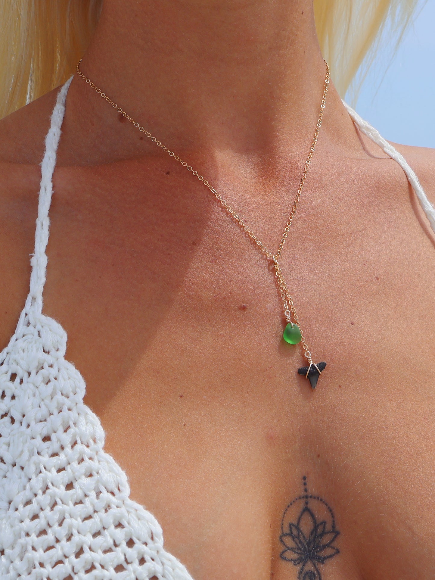 Gold Filled Shark Tooth & Forest Green Sea Glass Drop Necklace