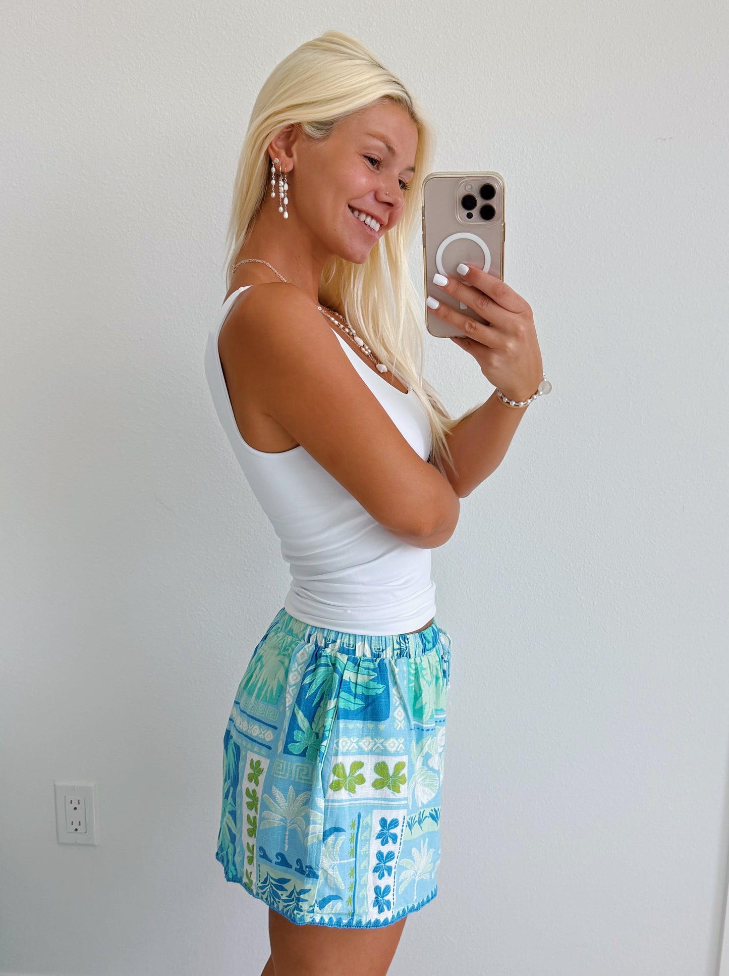 Tropical Blue & Green Patchwork Flowy Shorts
