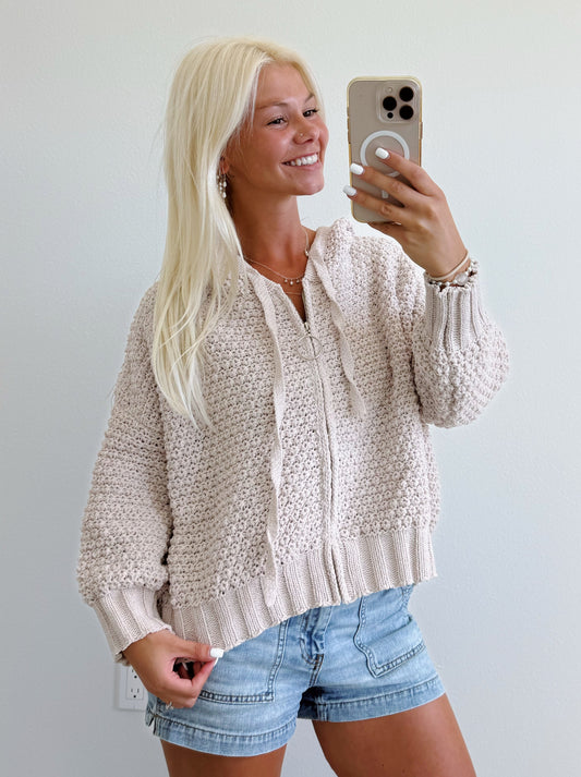 Cable Knit Textured Zip Hoodie Sweater