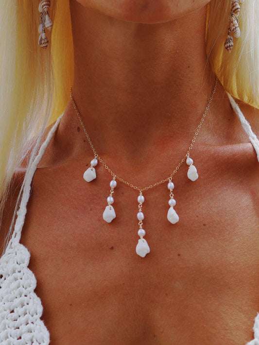 Gold Filled White Spiral Shell Dangle Drop Multi Necklace